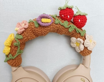 Crochet Strawberry flowers Headphone cover, Fruit Headphone accessories
