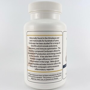 May include: White plastic bottle with a white lid. The label includes text about Cordyceps, its benefits, and the disclaimer: "These statements have not been evaluated by the Food and Drug Administration. This product is not intended to diagnose, treat, cure, or prevent any disease."