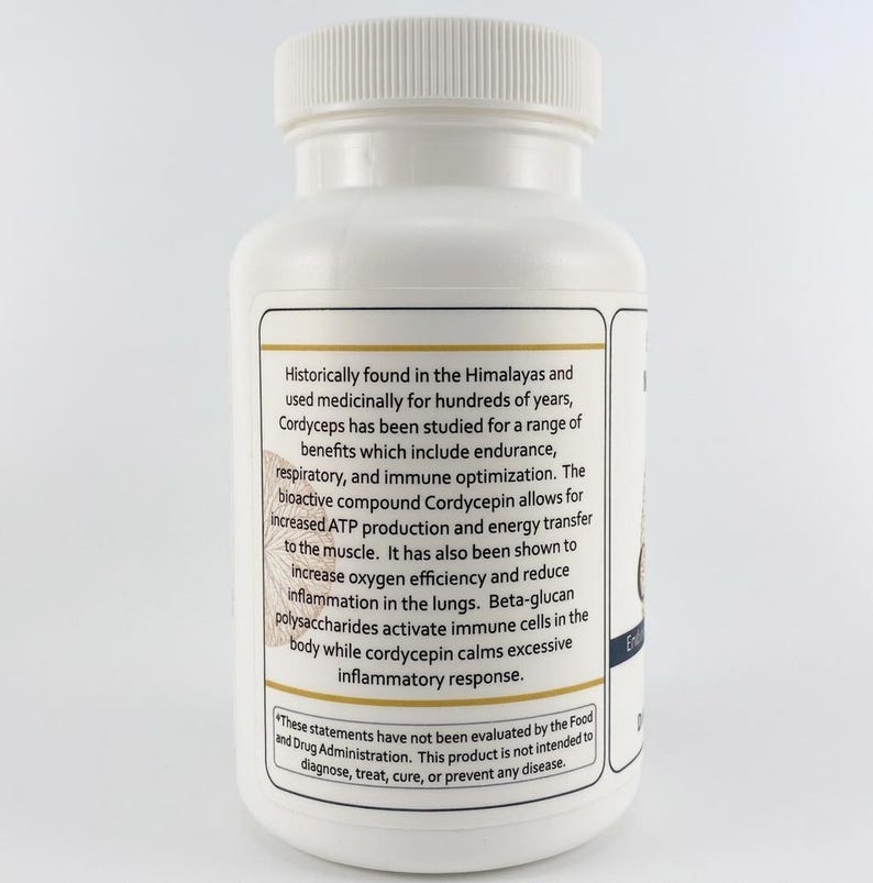 May include: White plastic bottle with a white lid. The label includes text about Cordyceps, its benefits, and the disclaimer: "These statements have not been evaluated by the Food and Drug Administration. This product is not intended to diagnose, treat, cure, or prevent any disease."