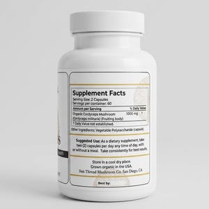 May include: A white supplement bottle with a white cap. The label displays "Supplement Facts" and details about the product, including "Organic Cordyceps Mushroom" and suggested use. The bottle is for dietary supplements.