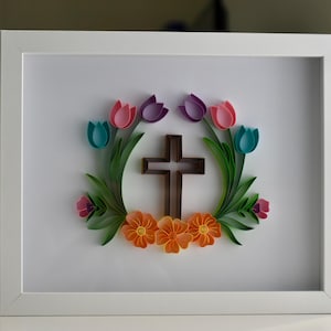 Quilled Paper Cross Wall Art: Floral Wreath Shadow Box Frame