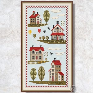 Kruissteekpatroon lente dorp bloeiend dorp primitieve huizen sampler kruissteekkaart bloesem seizoen xstitch pdf digitale download