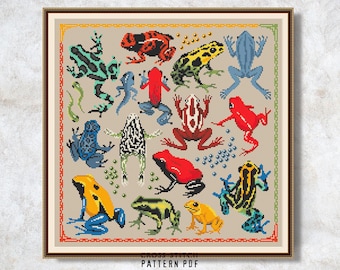 May include: Cross stitch pattern featuring a variety of colorful frogs in different poses. The pattern includes frogs in shades of green, blue, red, yellow, and black. The pattern is framed in a brown frame with a white mat.