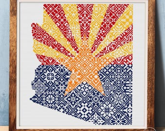 Cross stitch quaker Arizona state flag Patriotic sampler Squares tile patchwork Counted cross stitch chart PDF Instant download