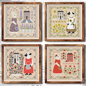 Folk Kreuzstichmuster PDF Set Haus Kreuzstich Blumen Kreuzstichvorlage Eule Schafe Krähe Moderne Stickerei Digitaler download