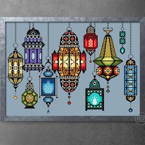 Kreuzstich Stickmuster PDF Arabisch Ornament Marokkanische Laternen Kreuzstichvorlage Orientalische Stickerei Einfacher Kreuzstich Digitaler download Datei