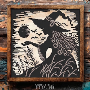 Witch cross stitch pattern PDF Gothic cross stitch chart Witchcraft Mystical The Witch&#39;s Moon Goth Modern Woodcut Digital download