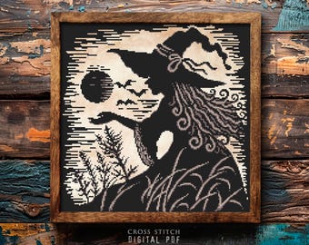 Patrón de punto de cruz de bruja PDF Gráfico de punto de cruz gótico Brujería Mística La luna de la bruja Gótico Moderno Xilografía Descarga digital