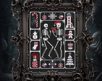 May include: A black and white cross stitch pattern featuring two skeletons in a festive setting. The skeletons are holding gifts and surrounded by Christmas ornaments, candy canes, and a snowman. The pattern is framed in a black ornate frame.