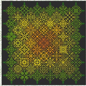 Patrón de punto de cruz Adorno cuáquero verde iridiscente Cuadrados de arte popular Azulejo Muestrario de patchwork xstitch Gráfico de punto de cruz PDF digital simple