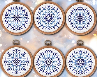 Snowflake cross stitch iridescent blue Christmas card Christmas sampler cross stitch chart Easy embroidery Winter ornament PDF download