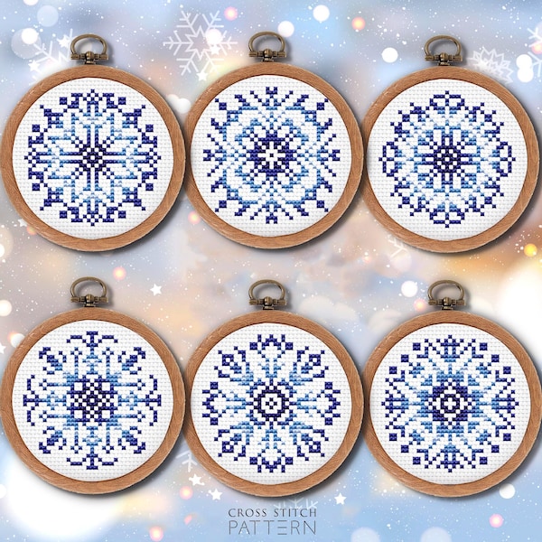Snowflake cross stitch iridescent blue Christmas card Christmas sampler cross stitch chart Easy embroidery Winter ornament PDF download