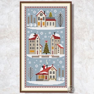 Kruissteekpatroon winterdorp Vrolijk kerstdorp Winterhuisjes kruissteekkaart Sneeuwseizoen Eenvoudige steken pdf Digitale download