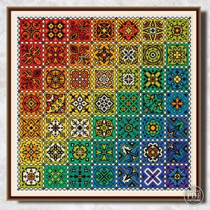 Rainbow Cross Stitch Quaker sampler Patchwork tiled ornament Folk art Cross stitch chart Large Simple embroidery PDF Digital download