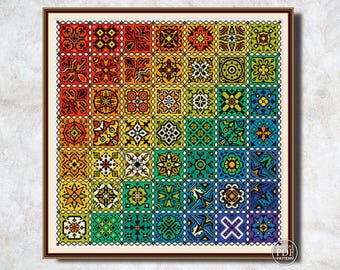 Schema punto croce arcobaleno, ricamo quacchero, patchwork, ornamento piastrellato, arte popolare, schema punto croce, ricamo semplice, PDF, download digitale