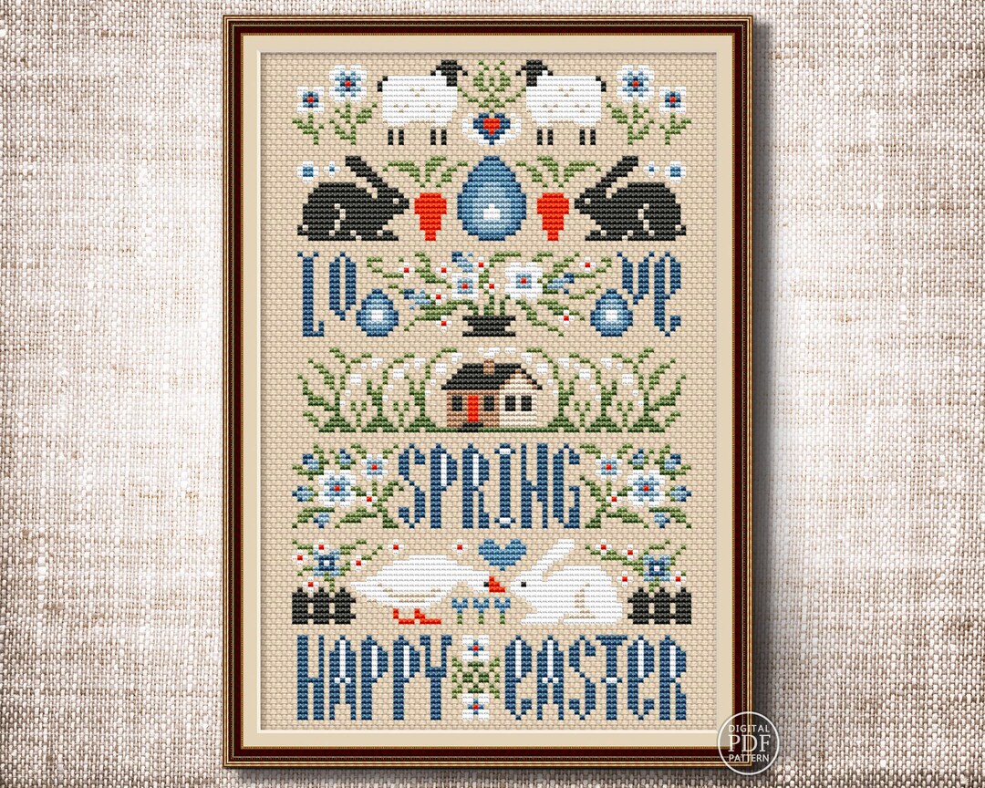 Easter Cross Stitch Pattern Blue Spring Sampler Cross Stitch Chart Love ...