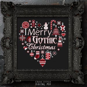 Counted cross stitch chart Christmas Heart Gothic Christmas Merry Christmas sampler gift for goth Winter cross stitch pattern PDF download