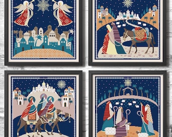 Peut inclure: Quatre motifs de point de croix représentant des scènes de la Nativité. Le premier motif montre deux anges avec des ailes, le deuxième montre les trois mages suivant une étoile, le troisième montre Marie, Joseph et l'enfant Jésus, et le quatrième montre des bergers veillant sur leurs moutons.