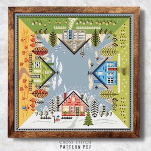4 seasons cross stitch Village house cross stitch chart 4 in 1 Easy xstitch Modern Winter Spring Summer Autumn PDF pattern Instant download