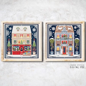 Christmas houses cross stitch Set of 4 Winter sampler Cozy Christmas counted cross stitch chart Easy cross stitch pattern PDF file download