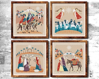 Peut inclure: Quatre motifs de point de croix encadrés représentant des scènes de la Nativité. Le cadre en haut à gauche montre les trois mages à dos de chameau. Le cadre en haut à droite montre des anges volant au-dessus d'une ville. Le cadre en bas à gauche montre la scène de la Nativité avec Marie, Joseph et l'enfant Jésus. Le cadre en bas à droite montre une femme et un homme marchant avec un âne.