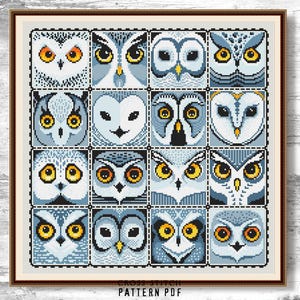 Owls cross stitch pattern Owls sampler cross stitch Blue Owls patchwork Forest cross stitch chart Modern embroidery PDF digital download