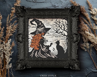 Witch cross stitch pattern PDF Black cat Witchcraft Gothic cross stitch chart Halloween Gift for Goth Modern embroidery Digital download