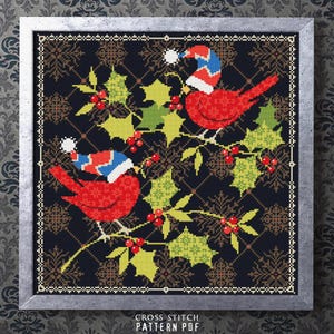 Kreuzstichmuster für Weihnachten PDF Cardinals Kreuzstich Winter Vogel Weihnachtsverzierung Kreuzstichvorlage Stechpalmen Winter Stickerei