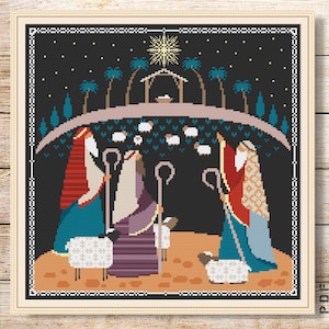 Christmas cross stitch pattern PDF Nativity scene Shepherds Holy Night Simple cross stitch Birth Jesus cross stitch chart Digital download