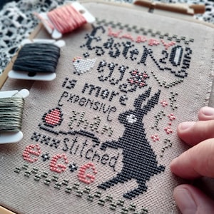 Easter 2025 cross stitch pattern PDF NEW Funny Easter bunny sampler cross stitch chart Easter eggs Primitive Happy Easter Digital download