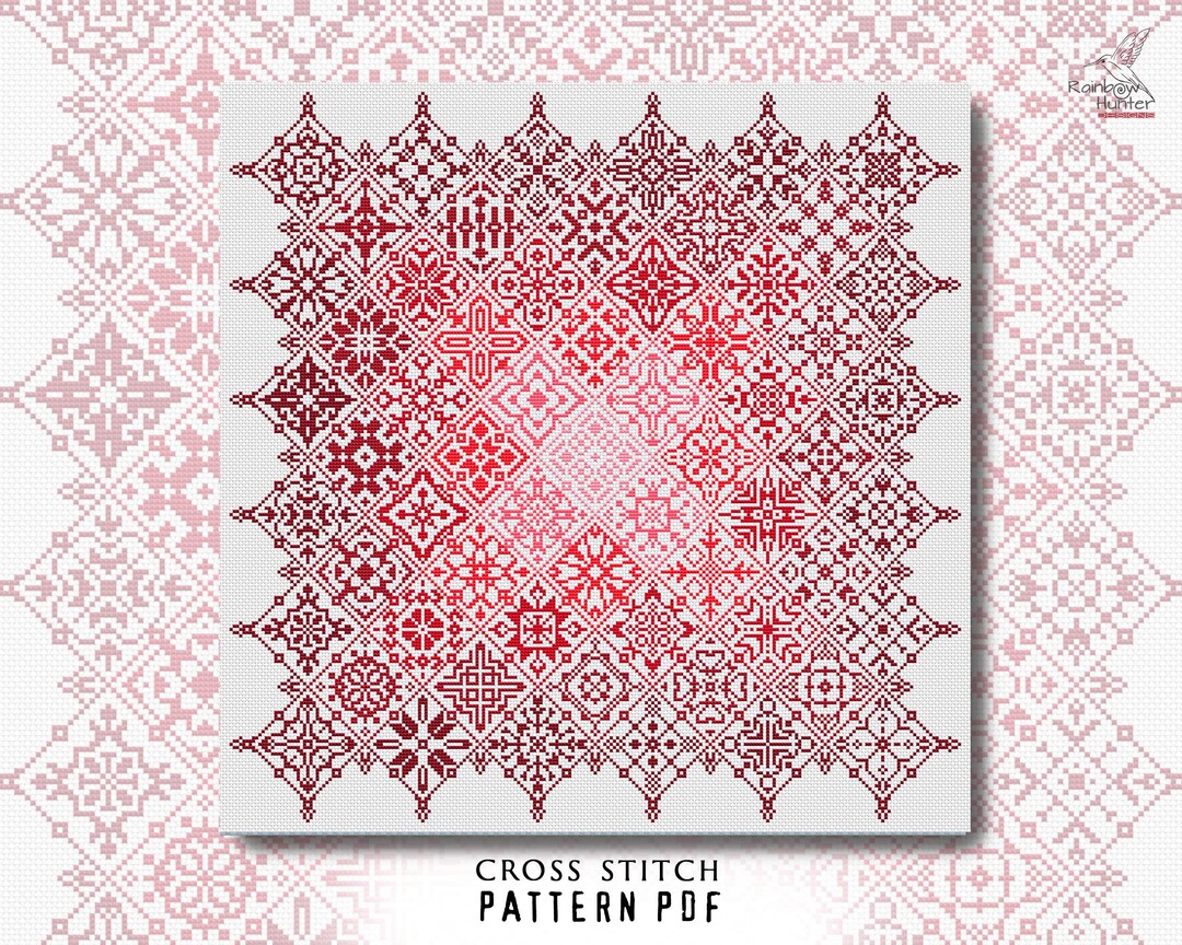 Tile Stitching Pattern Cross Stitch Pattern Iridescent Red Squares Tile Folk Art Stitching ...