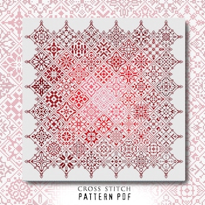 Könnte beinhalten: Ein Kreuzstichmuster-PDF mit einem geometrischen Design in Rottönen. Das Muster besteht aus zahlreichen Quadraten, die jeweils ein einzigartiges, kompliziertes Design enthalten. Der Text "CROSS STITCH PATTERN PDF" wird unten angezeigt.