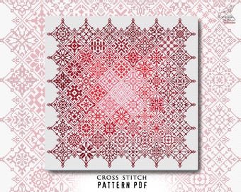 Kreuzstichmuster irisierende rote Quadrate Kachel Volkskunst Quäker Ornament Patchwork Sampler Kreuzstichvorlage Digitaler download