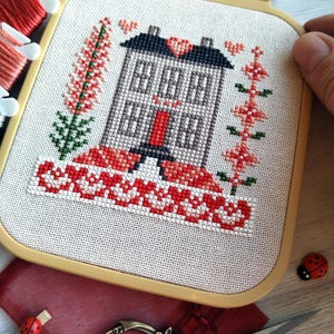 Cottage cross stitch chart Village house Sweet Home cross stitch pattern tiny Heart Flower Love stitching PDF file Digital download