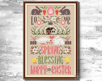 Easter cross stitch pattern Spring sampler cross stitch chart Love Easter bunny Rustic Pink Spring Primitive PDF file Digital download