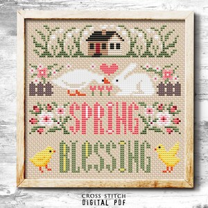 Spring Sampler Cross Stitch Chart Easter Cross Stitch Flower House Love ...
