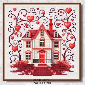 Cross stitch pattern Valentine’s day Sweet house counted cross stitch chart Romantic embroidery Hearts house Love PDF Digital download