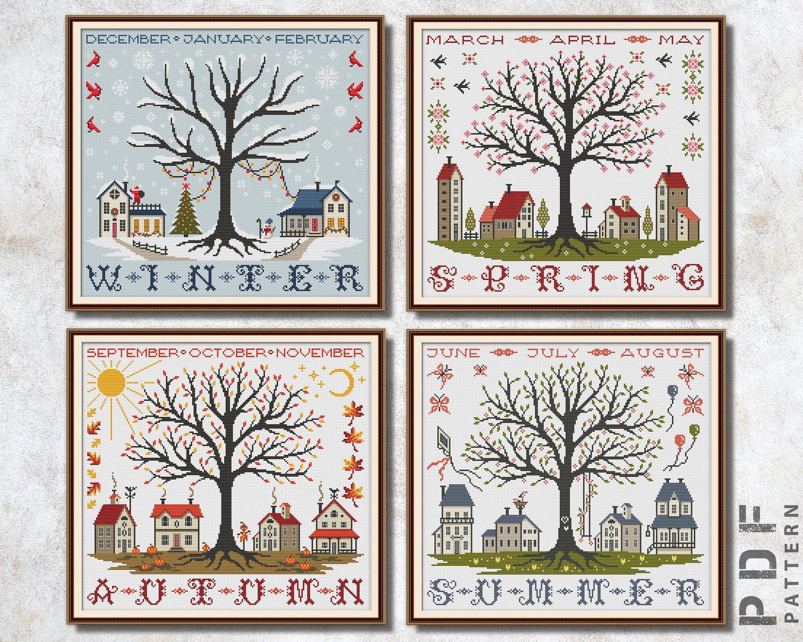 Village 4 Seasons Cross Stitch Pattern Set PDF Winter Spring Summer