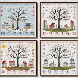 Village 4 seasons cross stitch pattern set PDF Winter Spring Summer Autumn Houses cross stitch chart Tree cross stitch Easy Digital download
