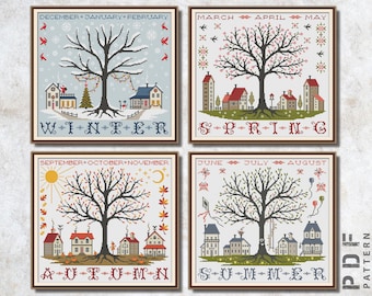 Village 4 seasons cross stitch pattern set PDF Winter Spring Summer Autumn Houses cross stitch chart Tree cross stitch Easy Digital download