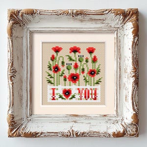 Punto de cruz para San Valentín Patrón de punto de cruz de ramo de amapolas Amor Flores rojas Costura rústica para San Valentín Archivo PDF Descarga digital