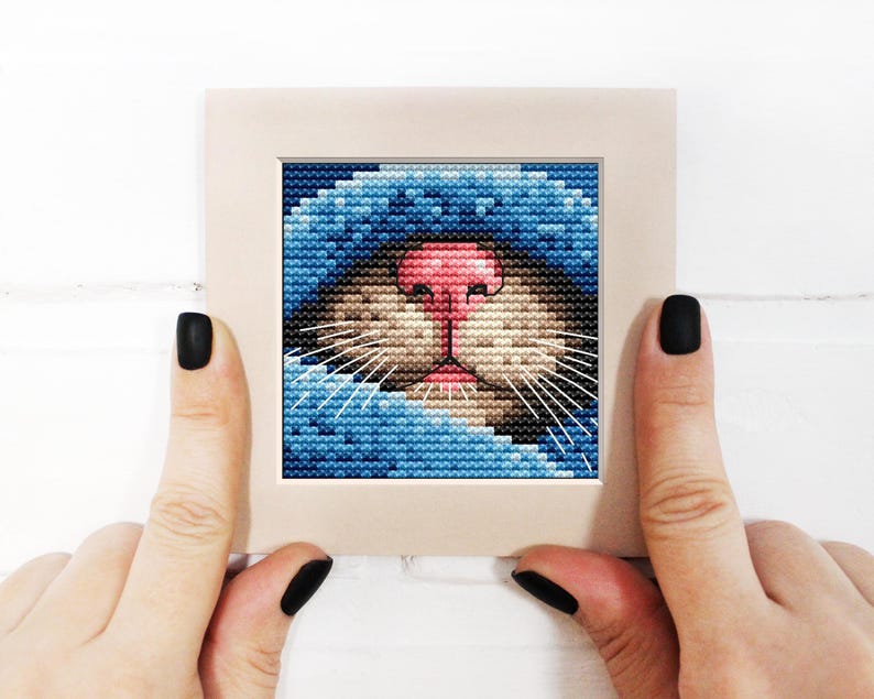 Cat Nose Cross Stitch Pattern PDF Cozy Kitten, Peeking from Blanket Winter Xstitch Chart, Small Pet Lover Gift, Quick Stitch Digital