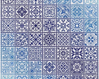 Kreuzstichmuster Quäker Ornament in irisierendem Blau, Patchworkmuster, Kreuzstichmuster