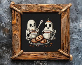Spöken och kaffe korsstygn Roligt spöke Sött räknat korsstygnsdiagram PDF Spöklik liten miniatyr kaffeälskare Digital nedladdningsfil