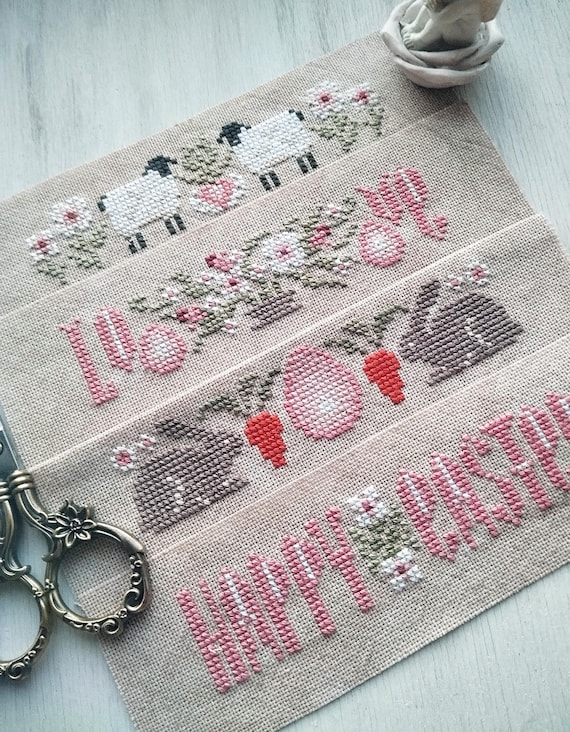 Easter cross stitch Easter egg decor cross stitch chart Easter lambs Love Rustic Pink Spring Primitive Pattern PDF Digital download file