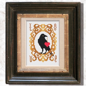 LOVE cross stitch pattern PDF Heart Crow Valentine&#39;s Day cross stitch chart Victorian Valentines Romantic stitching Digital download file