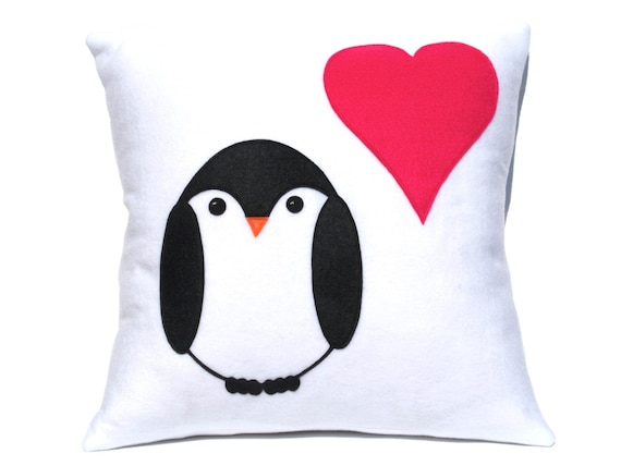 Penguin Love Pillow Cover appliquéd Eco Heart Throw Pillow Cover Appliquéd in
