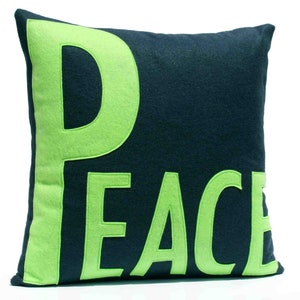 LOVE and PEACE Coordinating Throw Pillow Covers Appliquéd in Lime Green and Navy Eco-Felt 18 inches image 3