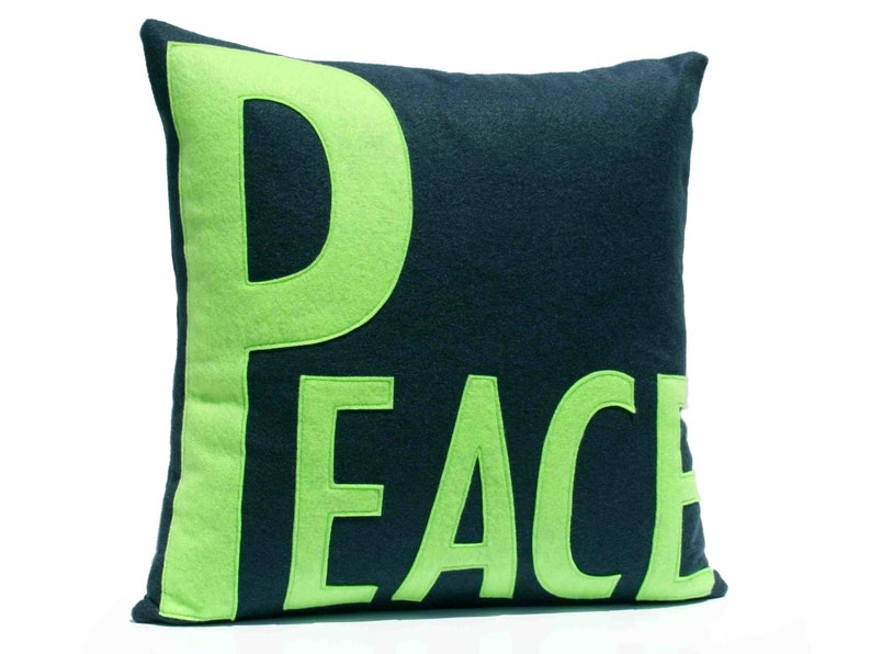 LOVE and PEACE Coordinating Throw Pillow Covers Appliquéd in Lime Green and Navy Eco-Felt 18 inches image 3