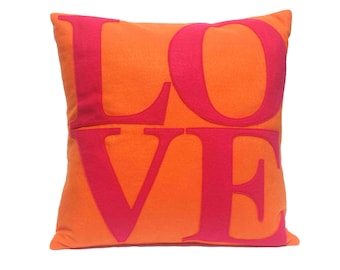 LOVE Throw Pillow Cover Appliquéd in Pink on Orange Eco-Felt 18 inches